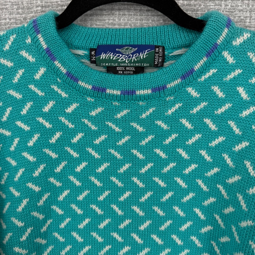 Vintage Windborne Sweater Women M Wool Teal White Geometric Knit Boho Country - Picture 6 of 10